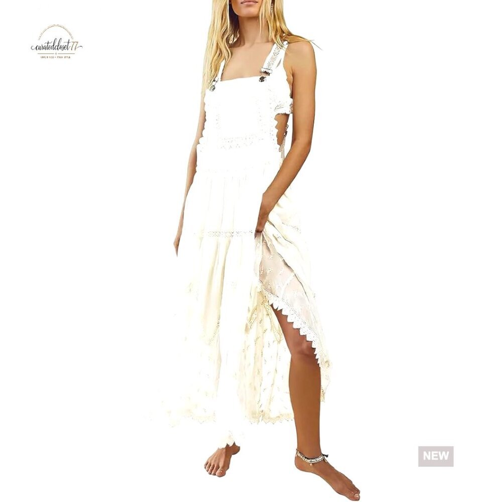 Lace Embroidered Tiered Maxi Dress with Adjustable Straps and Pocket